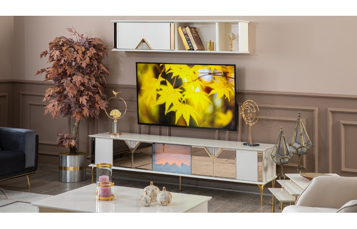 Kontes Şömineli Gold Metal Ayaklı Tv Ünitesi