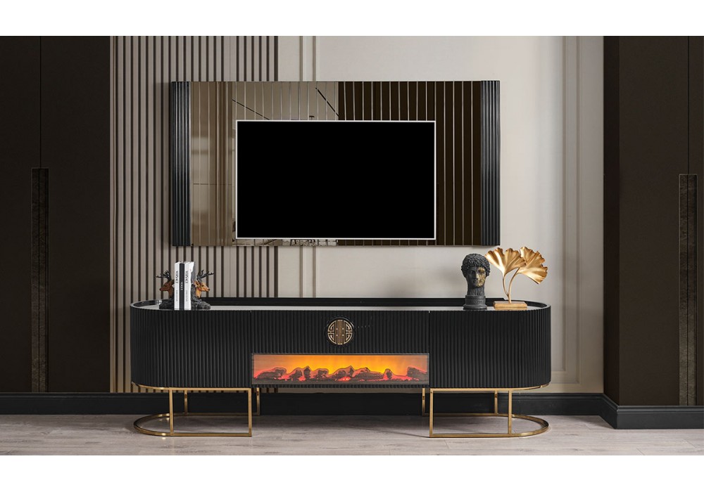 Gucci Şömineli Gold Metal Ayaklı Tv Ünitesi