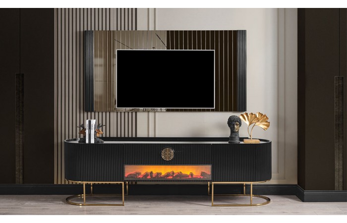 Gucci Şömineli Gold Metal Ayaklı Tv Ünitesi