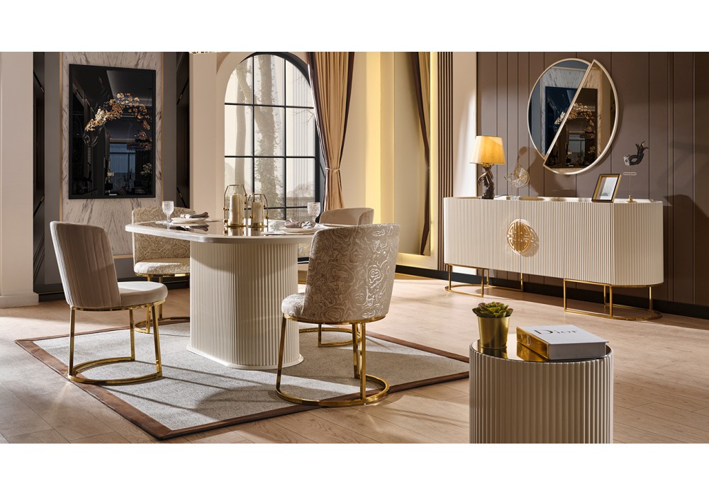 Gucci Ekru Gold Metal Ayaklı Yemek Odası Takımı