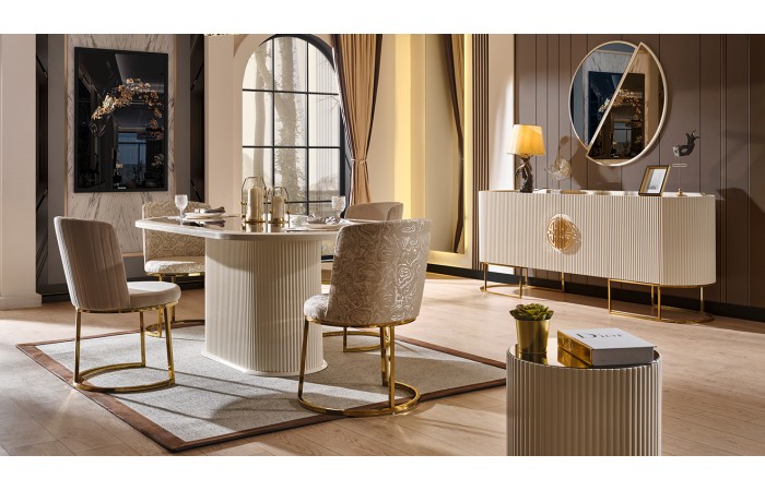 Gucci Ekru Gold Metal Ayaklı Yemek Odası Takımı