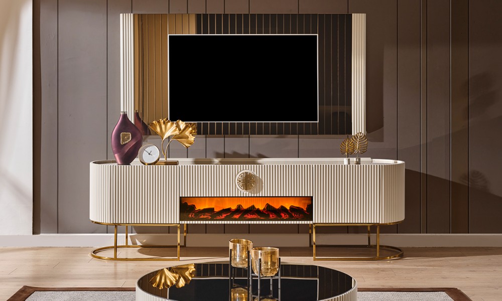 Gucci Ekru Gold Şömineli Tv Ünitesi Gucci Ekru Gold Şömineli Tv Ünitesi