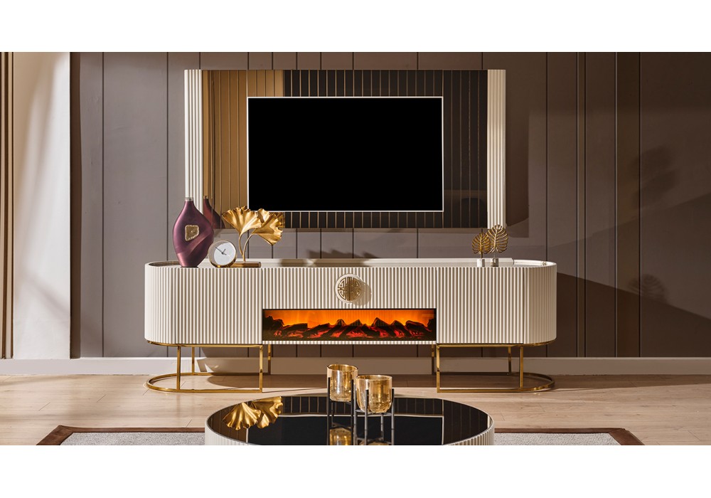 Gucci Ekru Gold Şömineli Tv Ünitesi