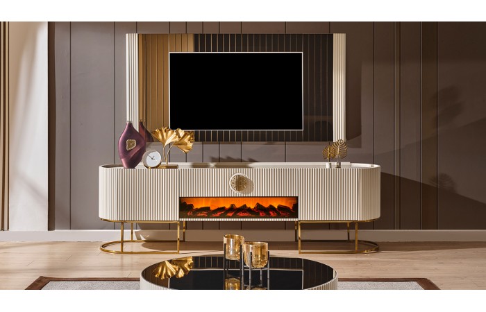 Gucci Ekru Gold Şömineli Tv Ünitesi