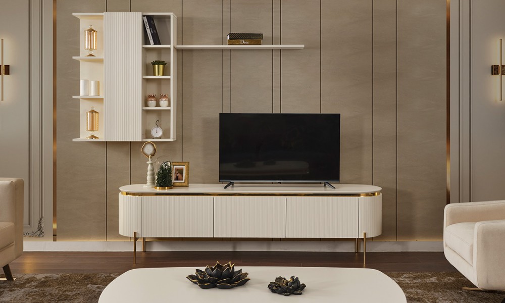Tesla TV Ünitesi Luxury Gold Metal Ayaklı Tesla TV Ünitesi Luxury Gold Metal Ayaklı