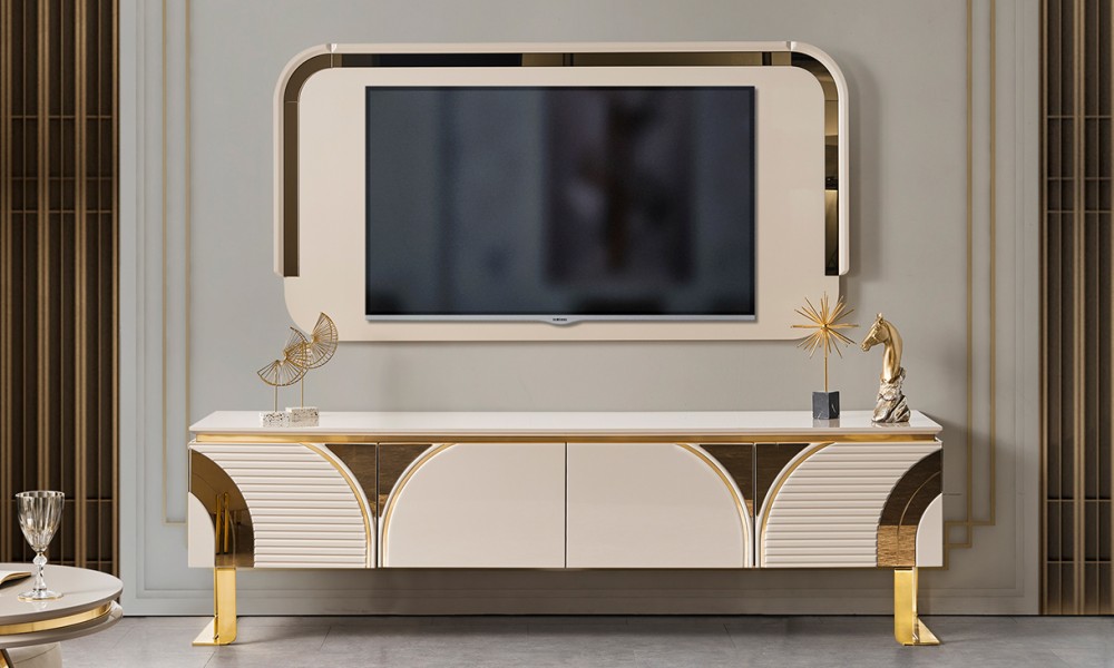 İmaj Panolu Gold Metal Ayaklı Tv Ünitesi