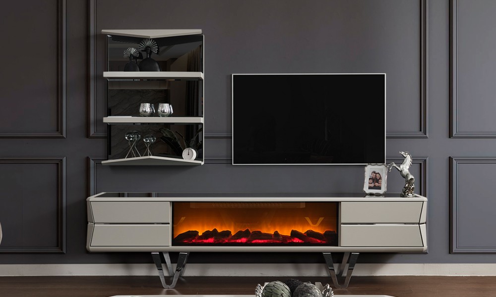 Velar Şömineli Metal Ayaklı Tv Ünitesi Velar Şömineli Metal Ayaklı Tv Ünitesi