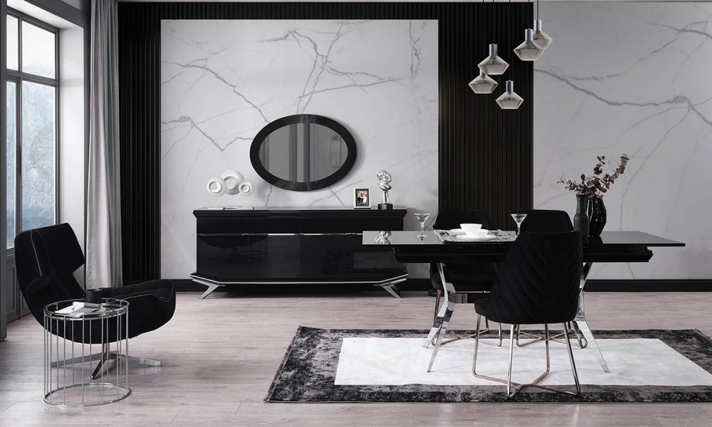 Masarati Gümüş Metal Ayaklı Yemek Odası Takımı