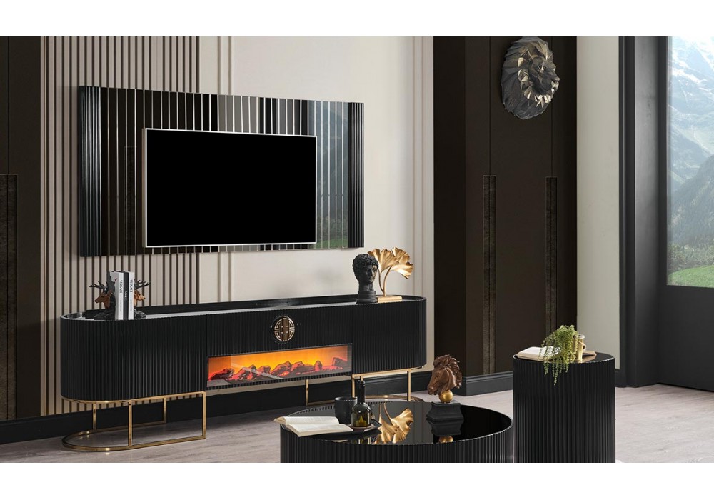 Gucci Şömineli Gold Metal Ayaklı Tv Ünitesi