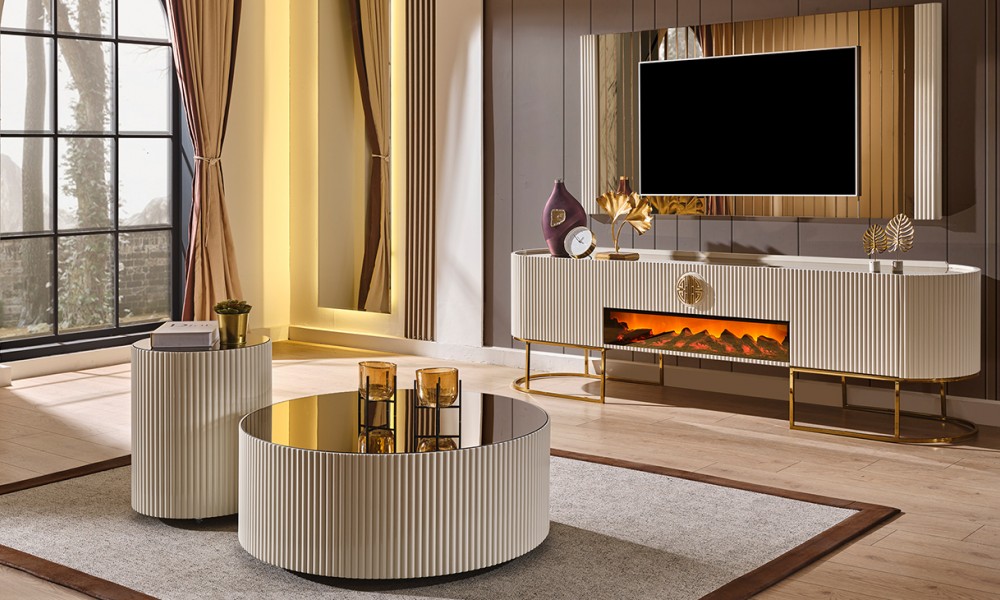 Gucci Ekru Gold Şömineli Tv Ünitesi Gucci Ekru Gold Şömineli Tv Ünitesi