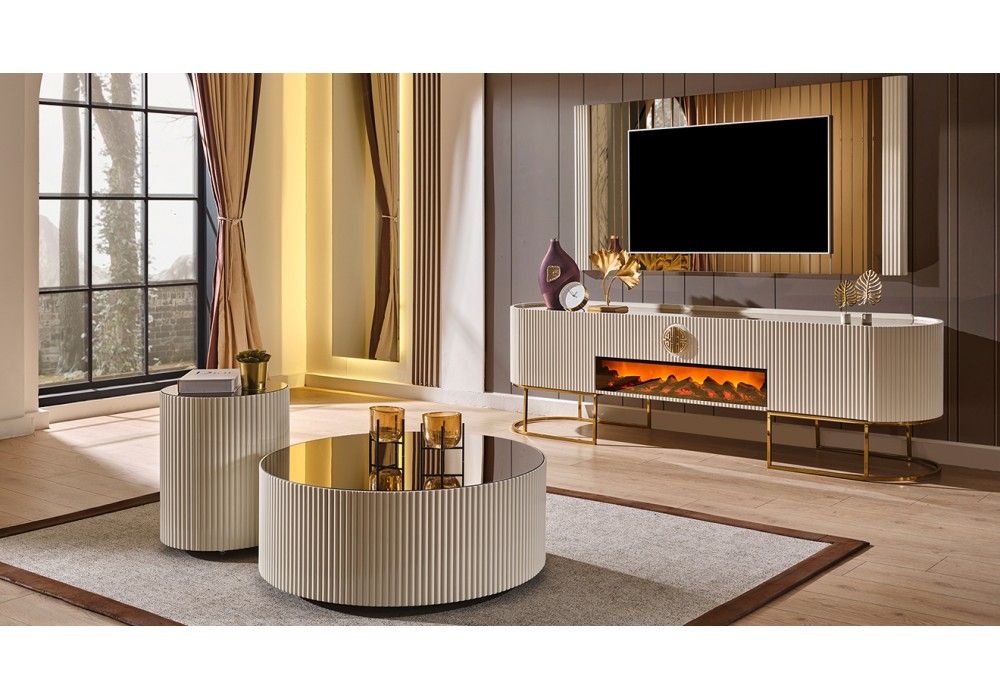 Gucci Ekru Gold Şömineli Tv Ünitesi