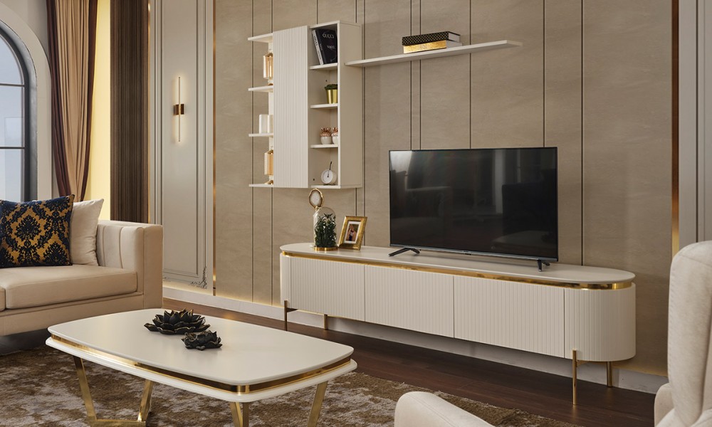Tesla TV Ünitesi Luxury Gold Metal Ayaklı Tesla TV Ünitesi Luxury Gold Metal Ayaklı