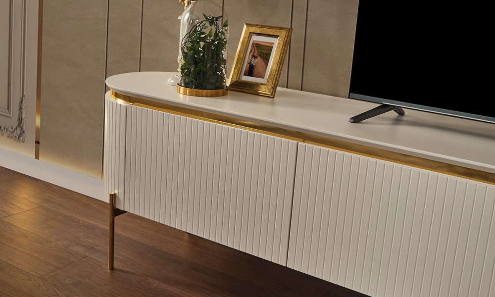 Tesla TV Ünitesi Luxury Gold Metal Ayaklı Tesla TV Ünitesi Luxury Gold Metal Ayaklı