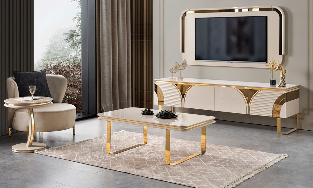 İmaj Panolu Gold Metal Ayaklı Tv Ünitesi