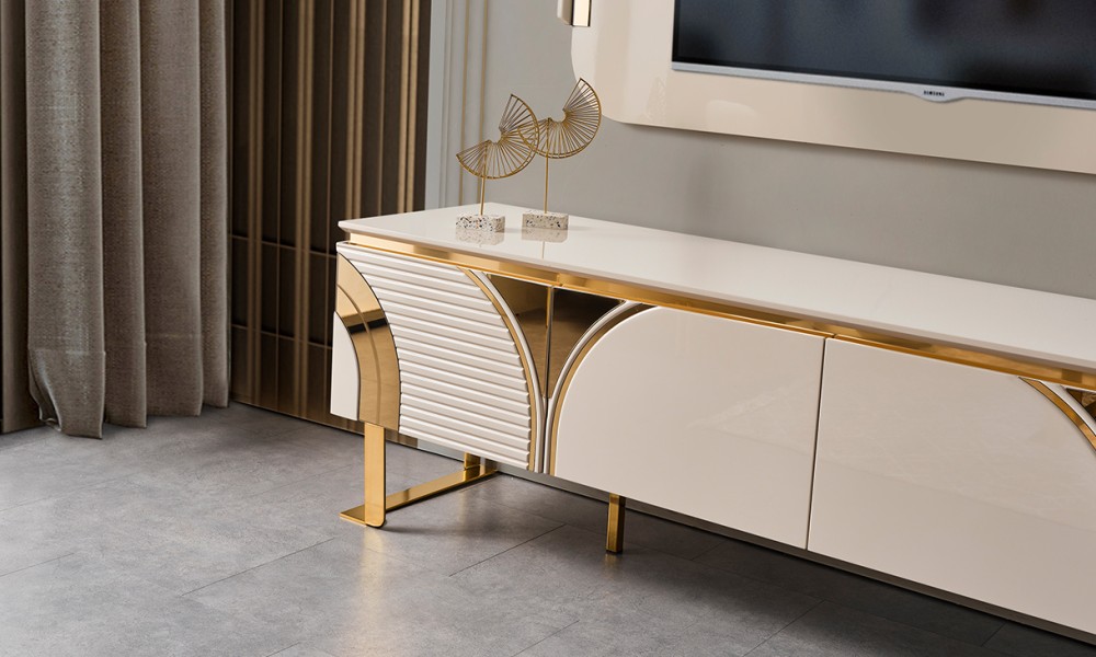 İmaj Panolu Gold Metal Ayaklı Tv Ünitesi