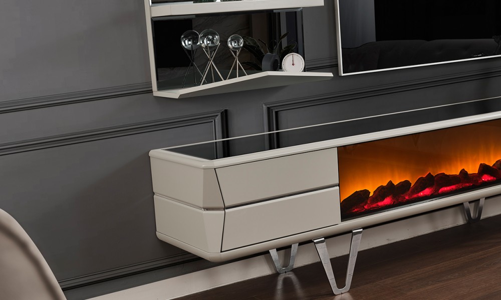 Velar Şömineli Metal Ayaklı Tv Ünitesi Velar Şömineli Metal Ayaklı Tv Ünitesi