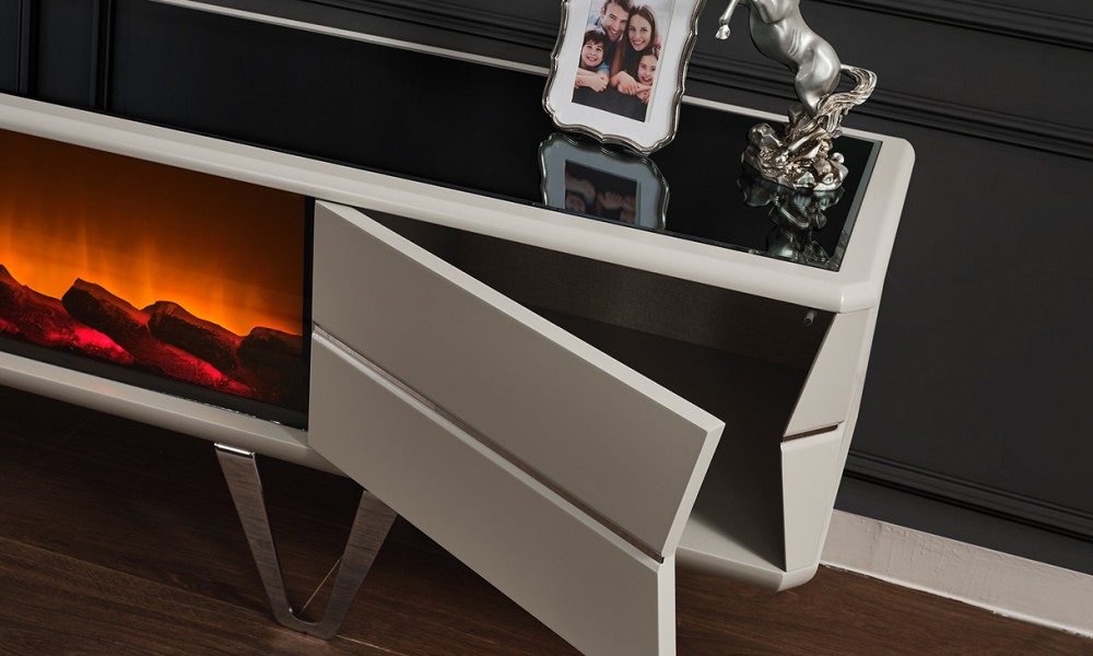 Velar Şömineli Metal Ayaklı Tv Ünitesi Velar Şömineli Metal Ayaklı Tv Ünitesi