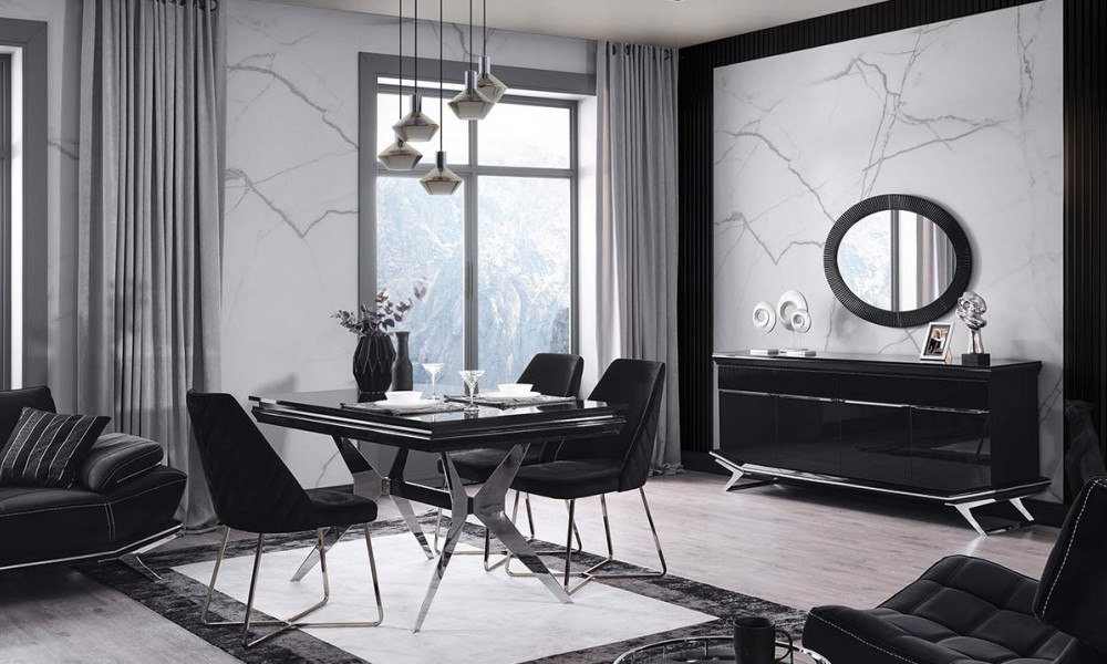 Masarati Gümüş Metal Ayaklı Yemek Odası Takımı
