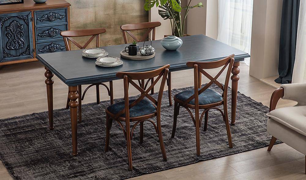 Alara Koyu Mavi - Ceviz Masa Takımı Yemek Masası Takımı