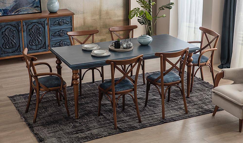 Alara Koyu Mavi - Ceviz Masa Takımı Yemek Masası Takımı