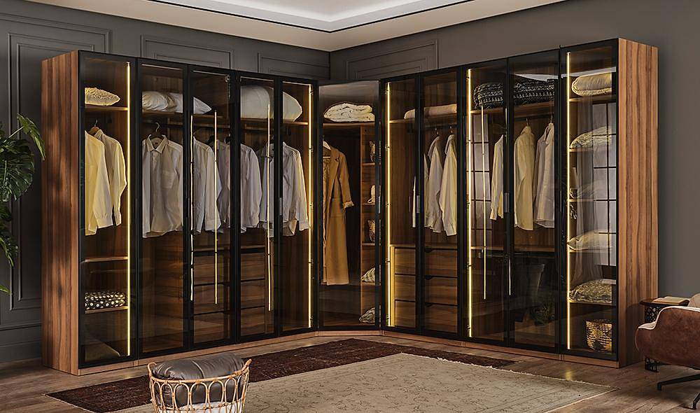 Suare Ceviz Köşe Gardrop Giyinme Odası