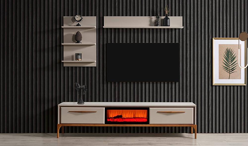 Bağdat Tv Ünitesi - Şömineli - Bej TV Ünitesi