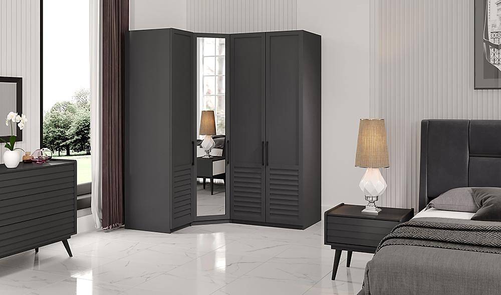 Çizgi Köşe Gardrop - Antrasit Köşe Dolap