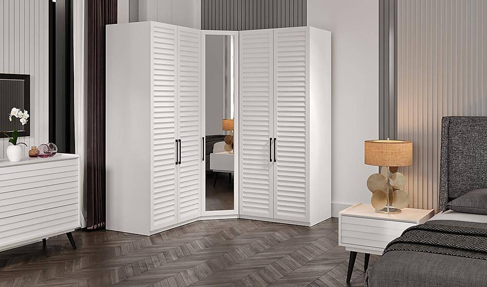 Çizgi Köşe Gardrop - Beyaz Giyinme Odası