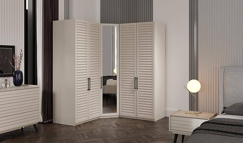 Çizgi Köşe Gardrop - Ekru Köşe Dolap