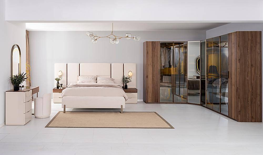 Ring Bazalı Yatak Odası - Köşe Dolaplı Giyinme Odası