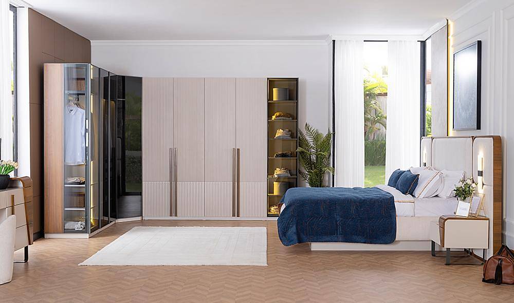 Fox Bazalı Yatak Odası - Köşe Dolaplı Giyinme Odası