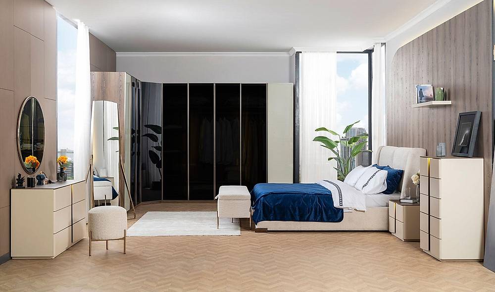 Mostera Bazalı Yatak Odası - Köşe Dolaplı Giyinme Odası