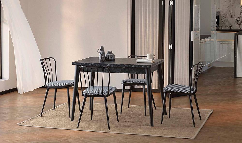 Neptün Yemek Masası Takımı - Siyah Mermer Yemek Masası Takımı