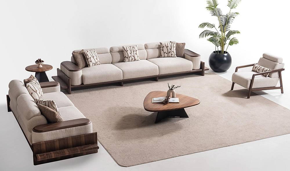 Alya Koltuk Takımı - Krem - Ahşap Kollu Koltuk Takımı