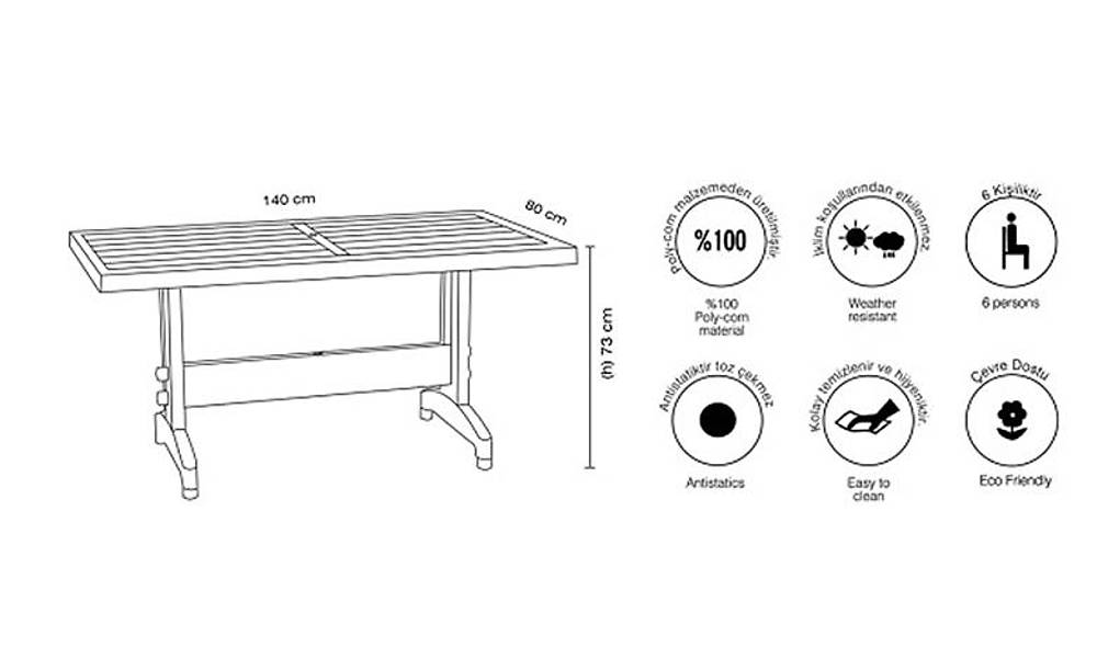 Diva Bahçe Masası 80x140 Bahçe Masa Takımı
