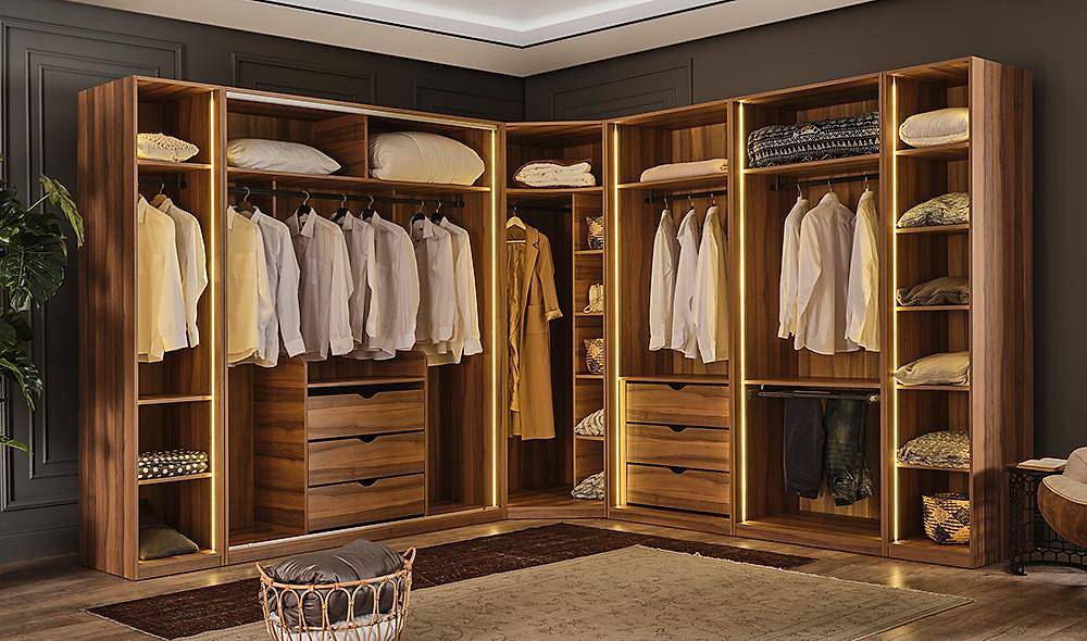 Suare Ceviz Köşe Gardrop Giyinme Odası