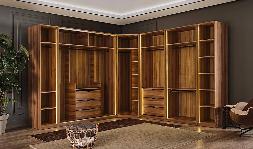 Suare Ceviz Köşe Gardrop Giyinme Odası