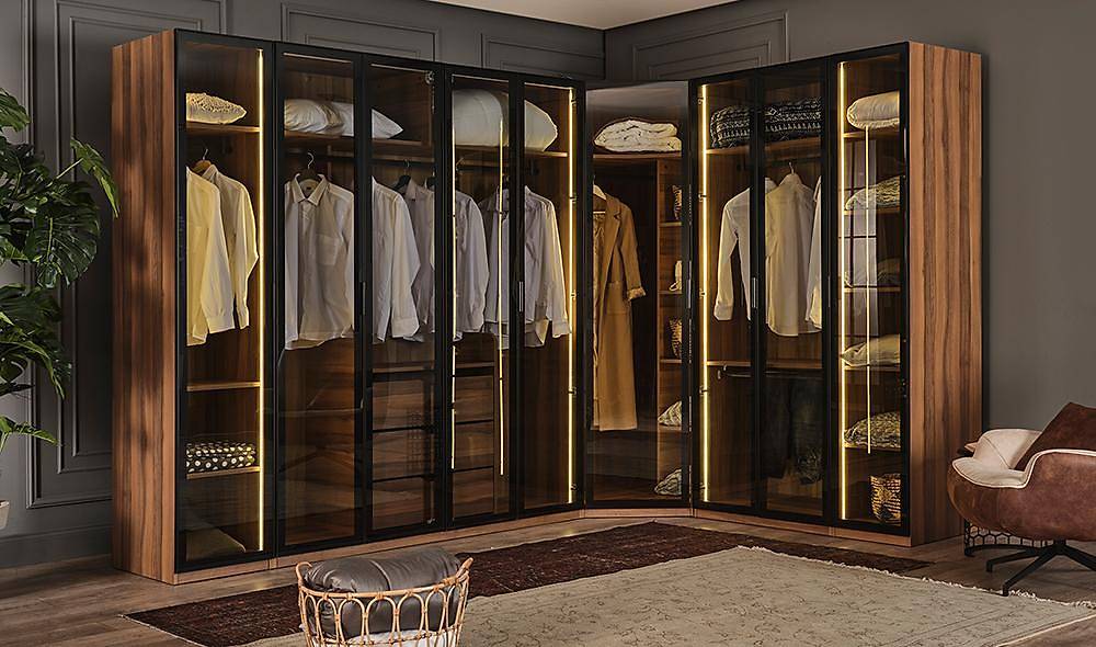 Suare Ceviz Köşe Gardrop Giyinme Odası