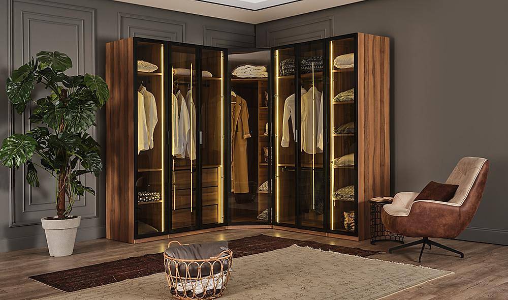 Suare Ceviz Köşe Gardrop Giyinme Odası