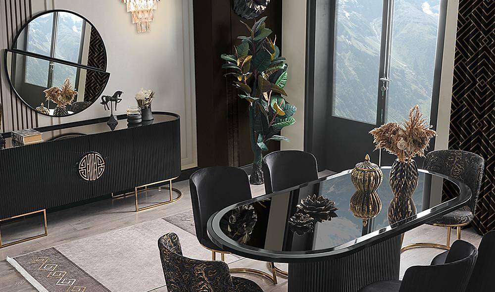 Crown Yemek Odası - Siyah - Gold Yemek Odası