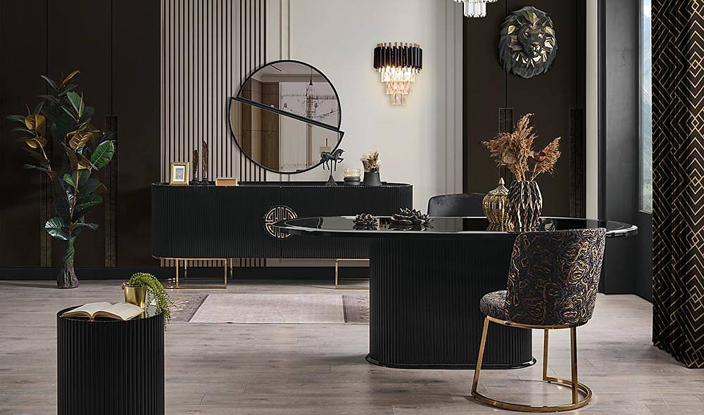 Crown Yemek Odası - Siyah - Gold Yemek Odası