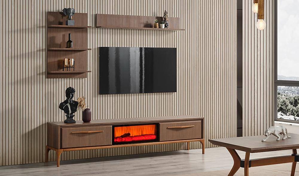 Bağdat Tv Ünitesi - Şömineli - Ceviz TV Ünitesi