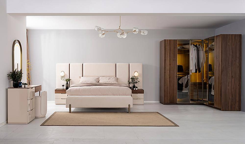 Ring Bazalı Yatak Odası - Köşe Dolaplı Giyinme Odası