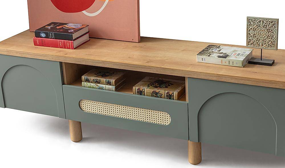 Logo Tv Sehpası - Yeşil - Hasır TV Ünitesi