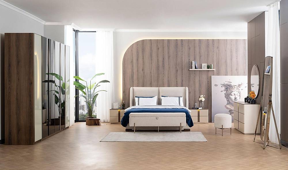 Mostera Bazalı Yatak Odası - Köşe Dolaplı Giyinme Odası