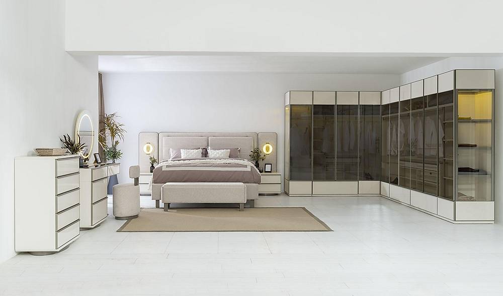 Sunny Bazalı Yatak Odası - Köşe Dolaplı Giyinme Odası