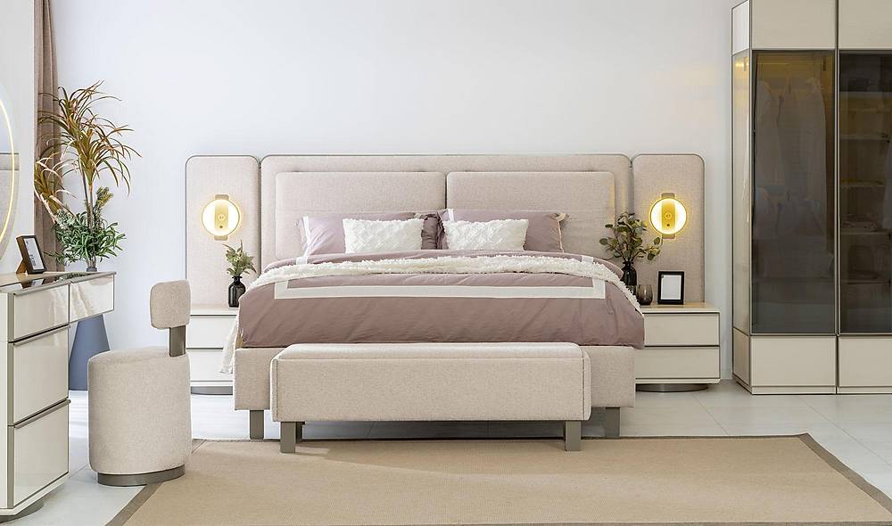 Sunny Bazalı Yatak Odası - Köşe Dolaplı Giyinme Odası