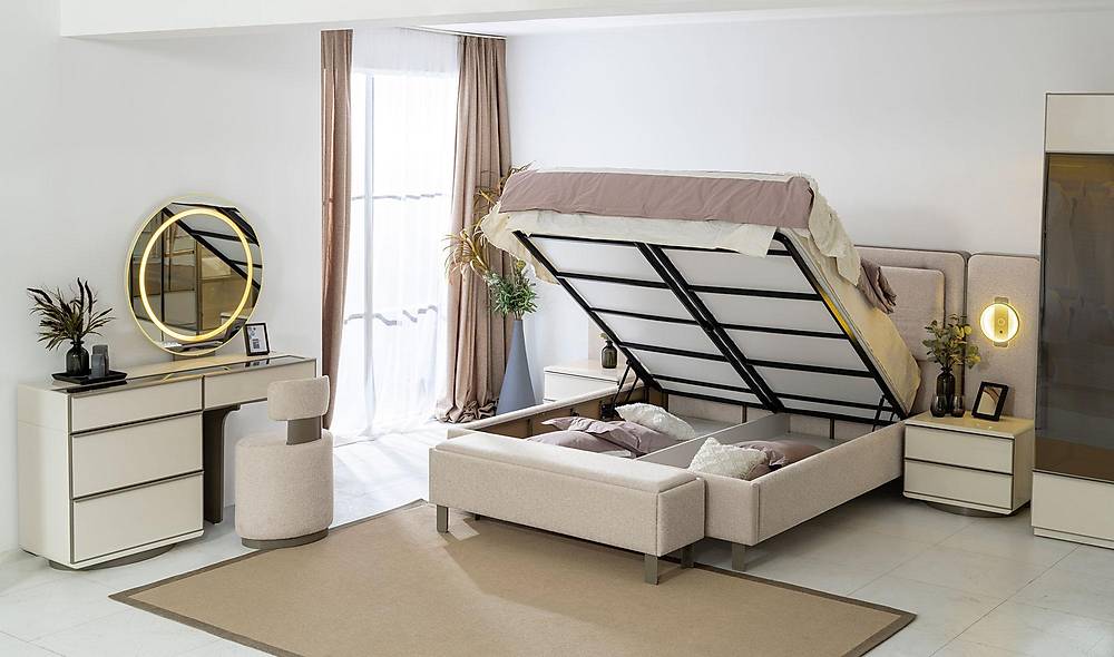 Sunny Bazalı Yatak Odası - Köşe Dolaplı Giyinme Odası