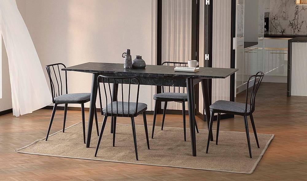 Neptün Yemek Masası Takımı - Siyah Mermer Yemek Masası Takımı