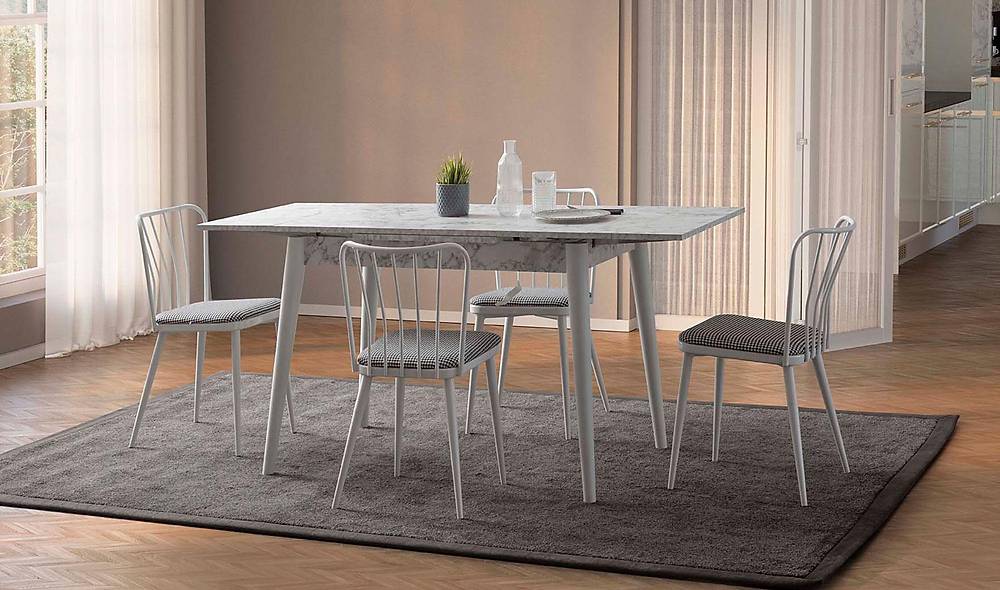 Neptün Yemek Masası Takımı - Beyaz Mermer Yemek Masası Takımı